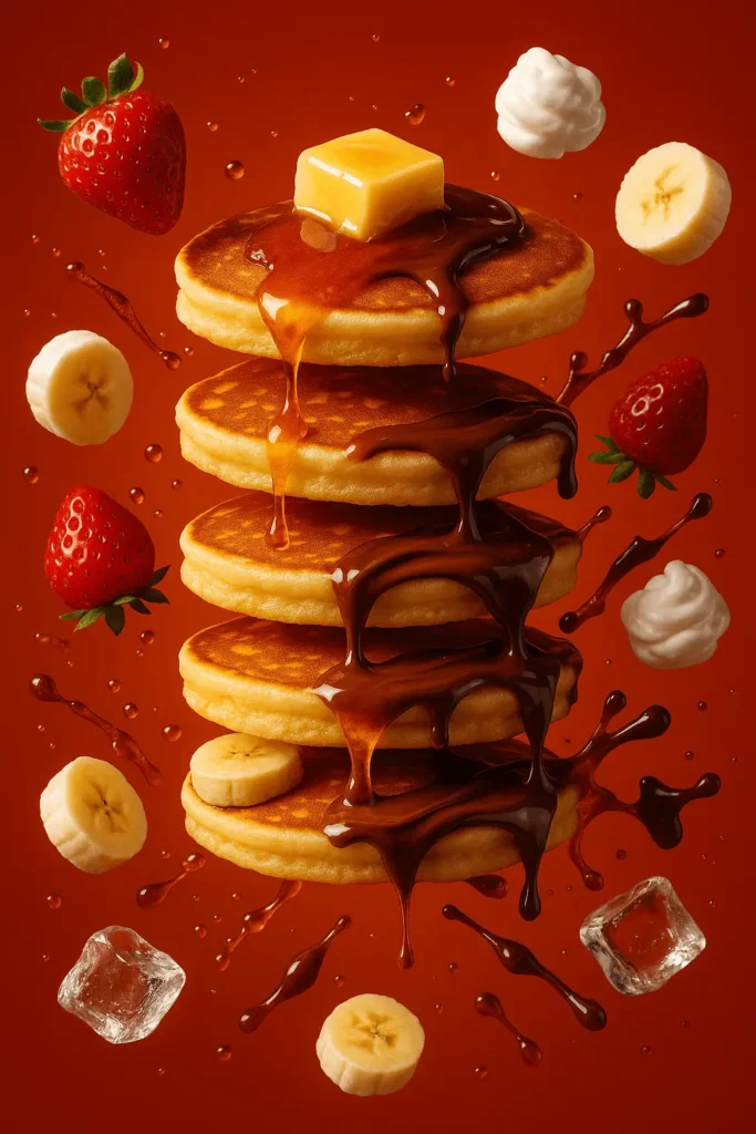 AI-generated food ad made with ChatGPT showing a stack of pancakes dripping syrup, surrounded by strawberries, banana slices, and whipped cream.