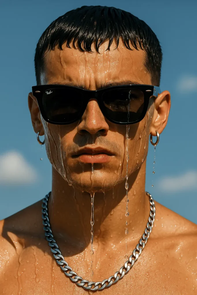 AI-generated fashion ad concept using ChatGPT showing a man in Ray-Ban sunglasses with water streaming down his face.