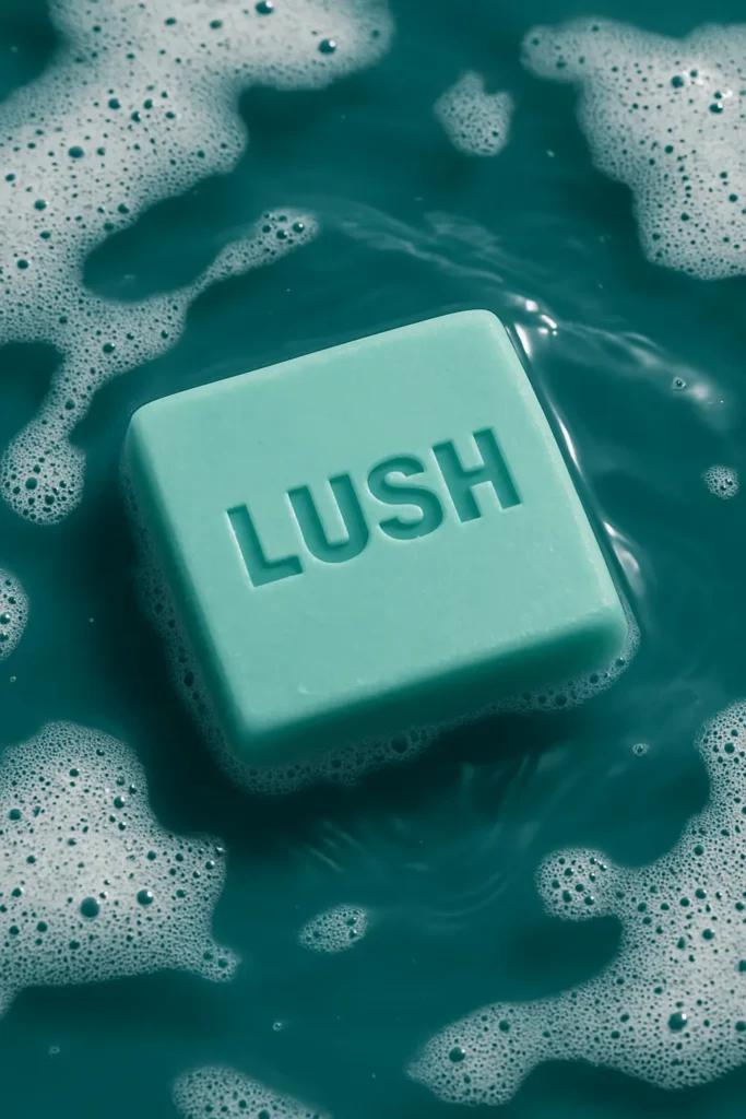 AI-generated Lush ad made with ChatGPT featuring a turquoise soap bar floating in foamy teal water.