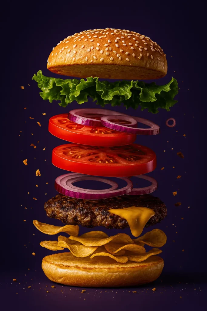 AI-generated burger ad concept created with ChatGPT featuring floating layers of bun, lettuce, tomato, onion, beef patty, cheese, and chips.