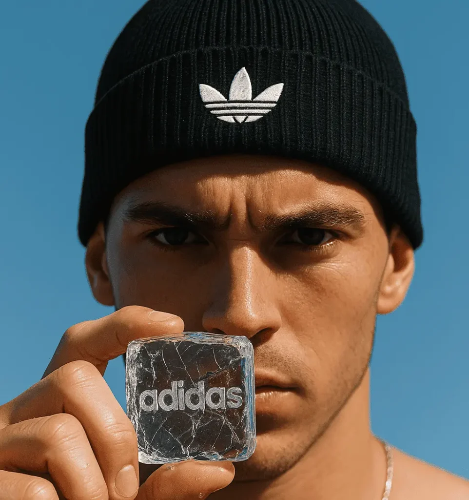 AI-generated Adidas ad concept created with ChatGPT showing a man in a beanie holding an ice cube engraved with the Adidas logo.