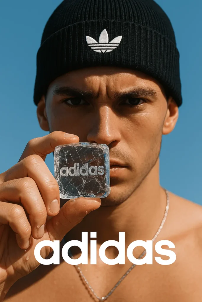 AI-generated Adidas ad concept created with ChatGPT showing a man in a beanie holding an ice cube engraved with the Adidas logo.