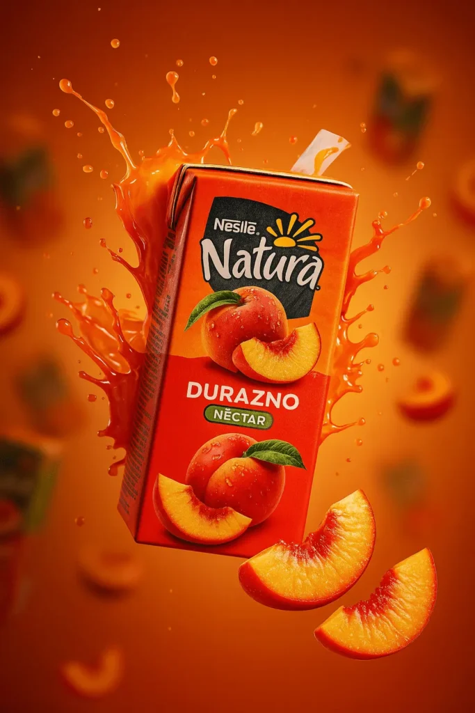 AI-generated Natura ad with ChatGPT showing a peach nectar carton splashing with fresh peach slices on an orange background.