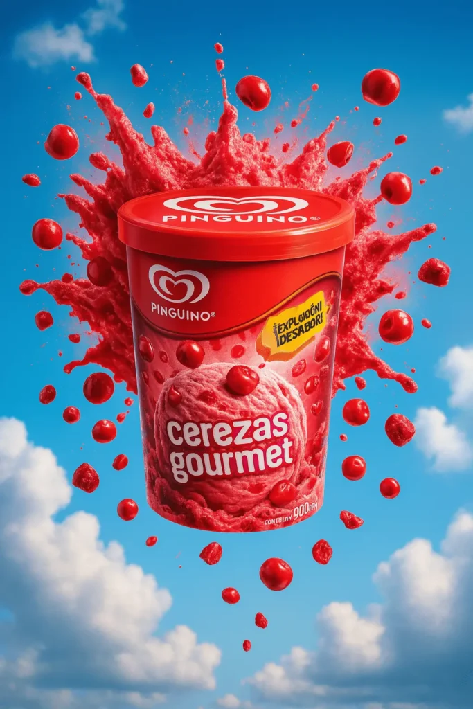 I-generated Pinguino ice cream ad made with ChatGPT showing “cerezas gourmet” tub exploding with cherries against a blue sky.
