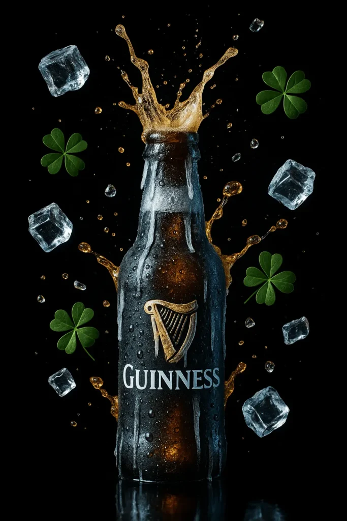 AI-generated Guinness beer ad designed with ChatGPT showing a chilled bottle with golden splash, shamrocks, and ice cubes.