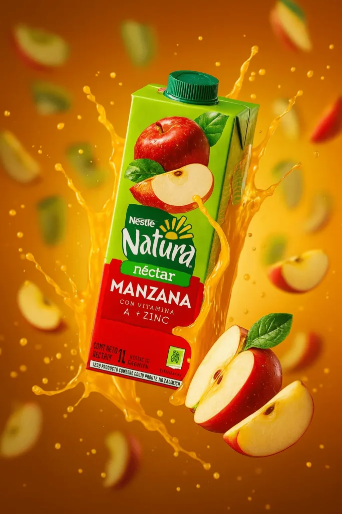 AI-generated Natura apple nectar ad created with ChatGPT featuring juice splash and fresh apple slices.