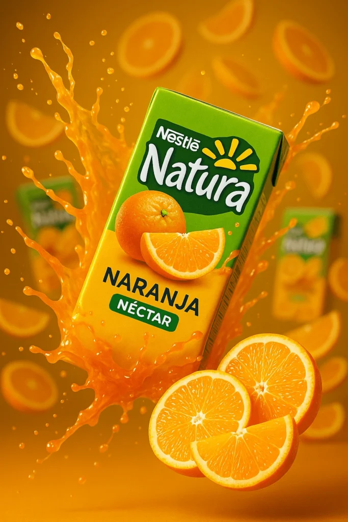 AI-generated Natura orange nectar ad concept with ChatGPT showing carton, splash, and sliced oranges on a bold yellow background.